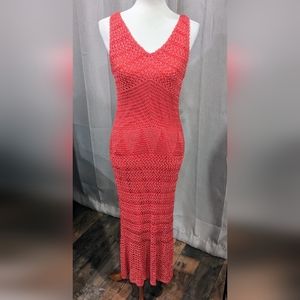 Vntg 90's Basix II Red Crochet Tank maxi dress with beading & silver tinsel Sz L